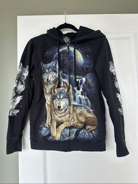 Black Zip-Up Hoodie with Wolf Graphic